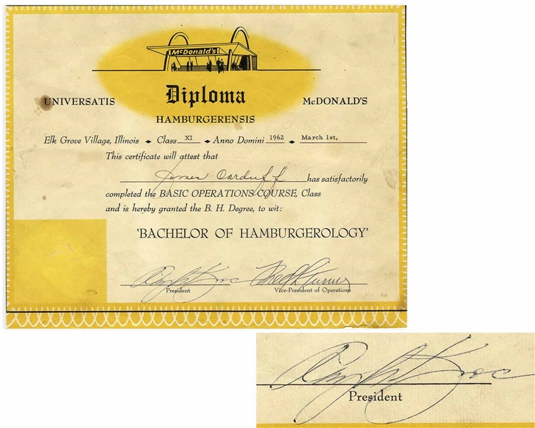 Rare Ray Kroc Signed McDonald's Diploma for a B.H. Degree, ''Bachelor of Hamburgerology''
